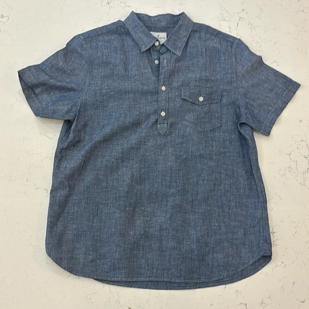 American Eagle Shirt Mens Large 1/4 Button Short Sleeve Cotton/linen Casual